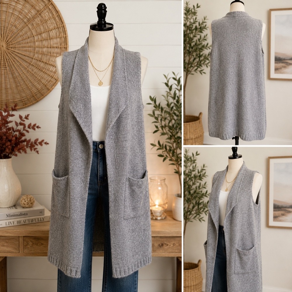 Staccato Womens Heather Grey Open Front Longline Knit Sweater Vest Pockets M/L